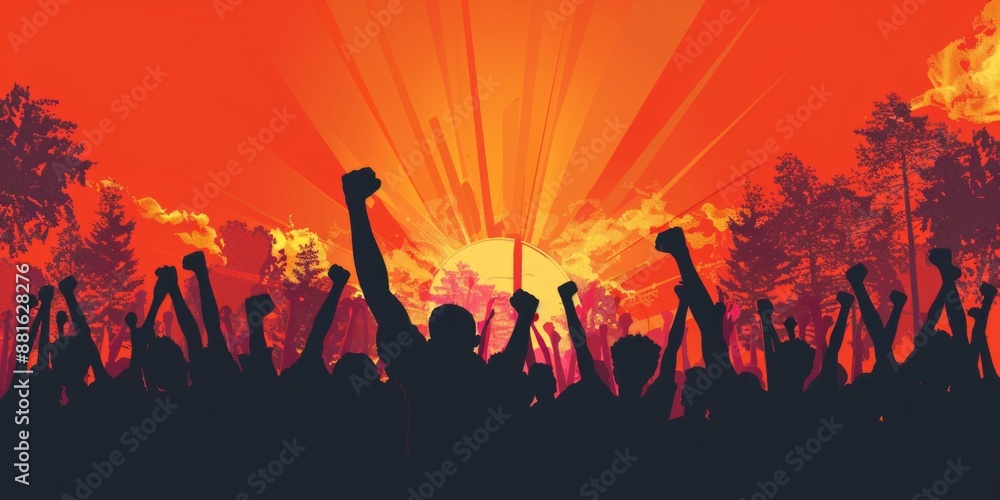 Crowd of people are celebrating with their hands raised in air Crowd of people are celebrating with their hands raised in air