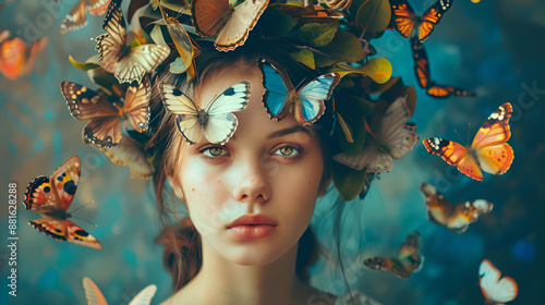 Beautiful  Surreal portrait of a woman with butterflies in her hair on bluerd background ai generative photo