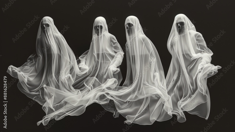 Four ghosts are sitting on black background Four ghosts are sitting on black background