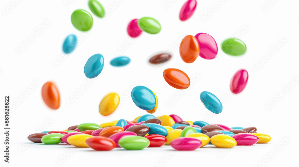 Colorful rainbow candy falling on white background, creating a delightful and vibrant scene. Colorful rainbow candy falling on white background, creating a delightful and vibrant scene.
