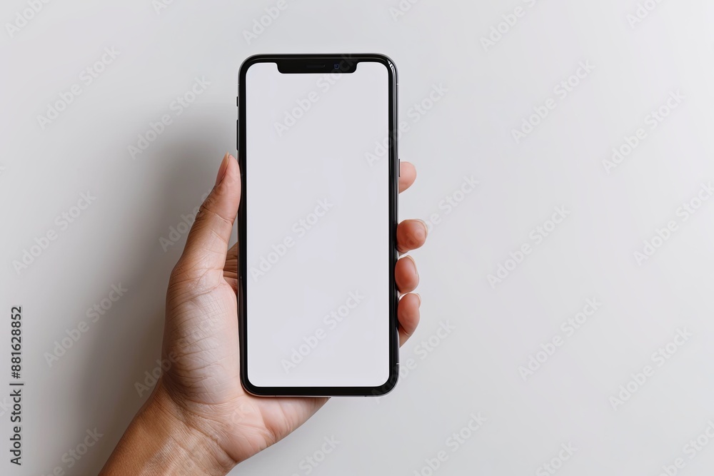 Smartphone mockup on hand with white blank screen created with Generative AI Smartphone mockup on hand with white blank screen created with Generative AI