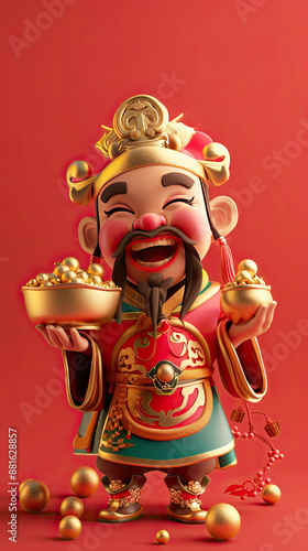 3d Cute cartoon God of wealth holding gold ingots with gold ingots falling down on Calligraphy paper and lantern. 