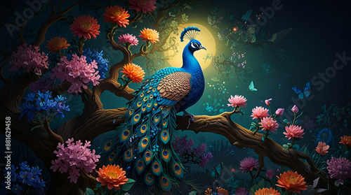 A vividly colorful 3D mural portraying a magnificent blue peacock perched on an ancient tree branch surrounded by mystical glowing flowers, generative.ai
