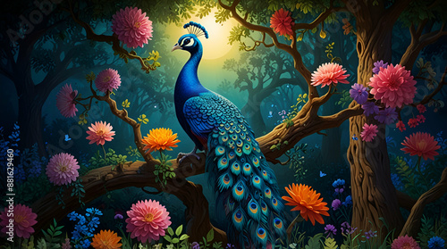 A vividly colorful 3D mural portraying a magnificent blue peacock perched on an ancient tree branch surrounded by mystical glowing flowers, generative.ai
