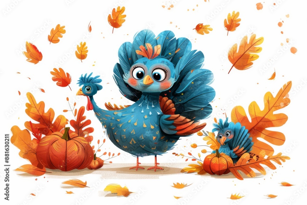 Thanksgiving Turkey Family with Autumn Leaves Thanksgiving Turkey Family with Autumn Leaves
