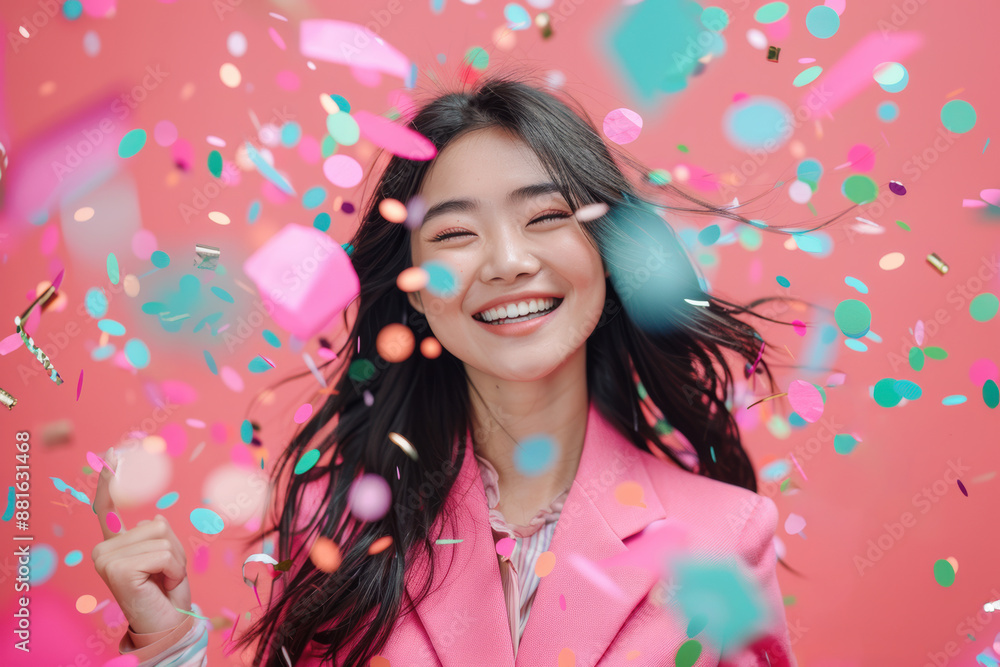 Expressing pure delight, a businesswoman in a stylish suit basks in the shower of confetti, her radiant smile echoing the pink theme of celebration. Expressing pure delight, a businesswoman in a stylish suit basks in the shower of confetti, her radiant smile echoing the pink theme of celebration.