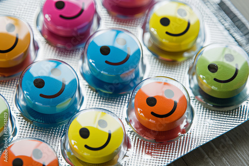 Blister pack of eight colorful pills with smiley faces, illustrating a playful concept of antidepressant medication