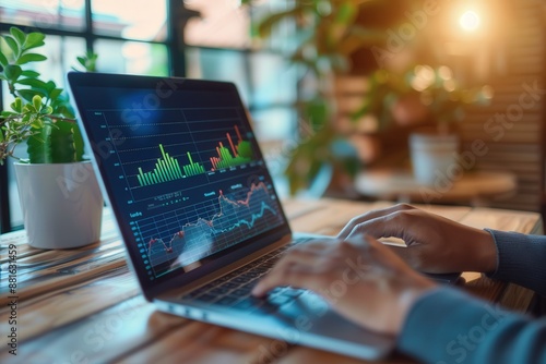 Close-up of Hands Typing on Laptop with Financial Graphs - Remote Work and Financial Analysis Concept