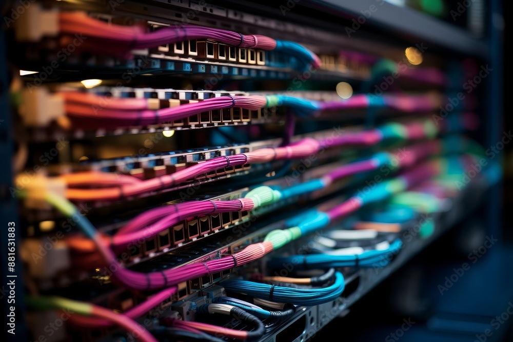 Network cables connected to server rack for efficient data connectivity management Network cables connected to server rack for efficient data connectivity management
