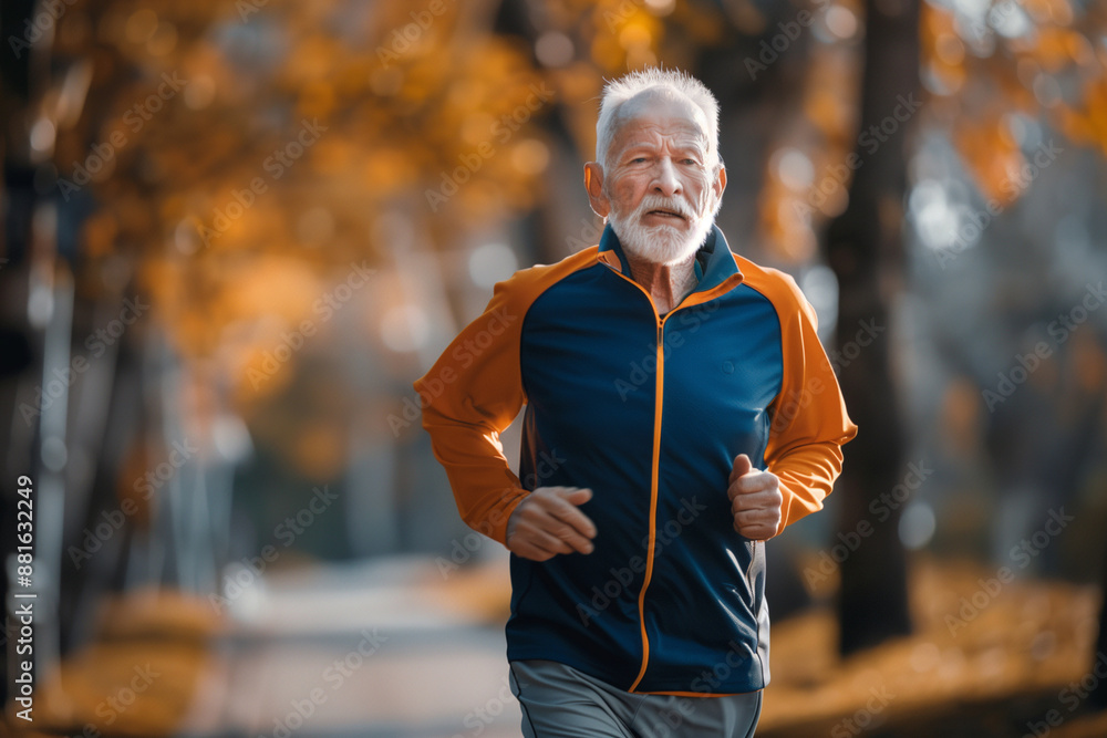 older man is running in a park. He is wearing a blue and orange jacket. The man is smiling and he is enjoying his run older man is running in a park. He is wearing a blue and orange jacket. The man is smiling and he is enjoying his run