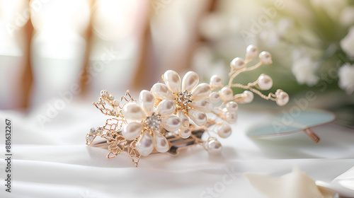 Beautiful hair clip with pearls on white table  withe pink rose ai generative