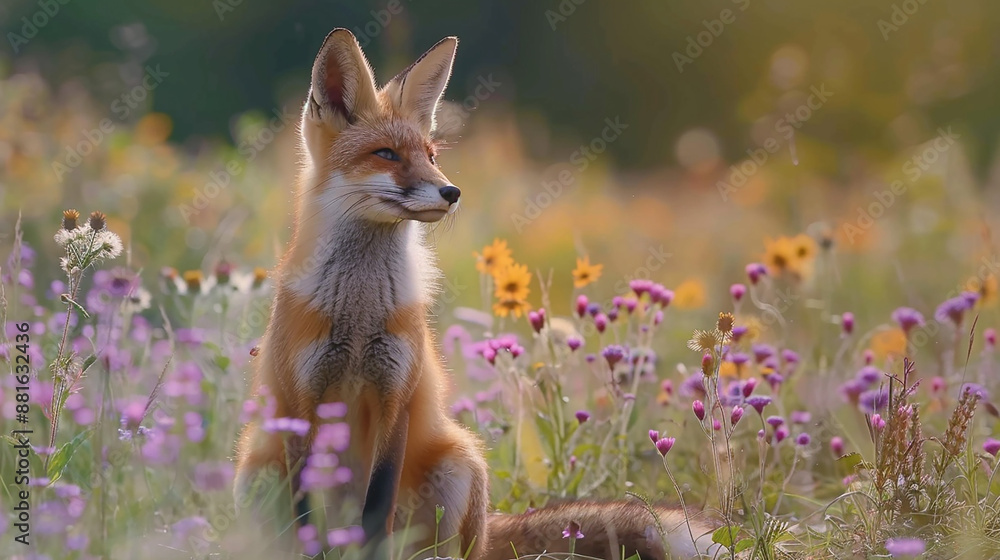 Fototapeta premium A charming red fox sitting in a field of wildflowers, blending into its natural environment