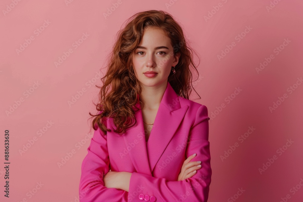 A professional-looking woman in a bright pink suit jacket poses confidently against a pink background A professional-looking woman in a bright pink suit jacket poses confidently against a pink background