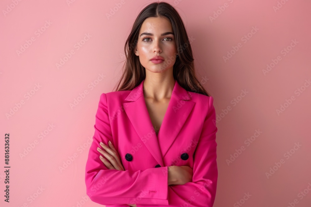 A professional-looking woman in a bright pink suit jacket poses confidently against a pink background A professional-looking woman in a bright pink suit jacket poses confidently against a pink background