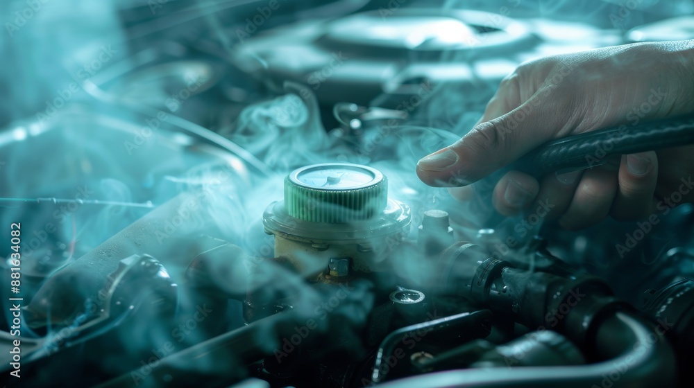 A mechanic's hand removes the radiator cap while steam escapes from the engine due to high heat; the water temperature gauge indicates overheating. This illustrates car maintenance service. A mechanic's hand removes the radiator cap while steam escapes from the engine due to high heat; the water temperature gauge indicates overheating. This illustrates car maintenance service.