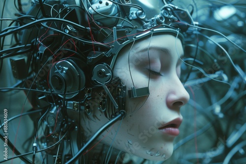 Cyborg Woman with Wires and Sensors.