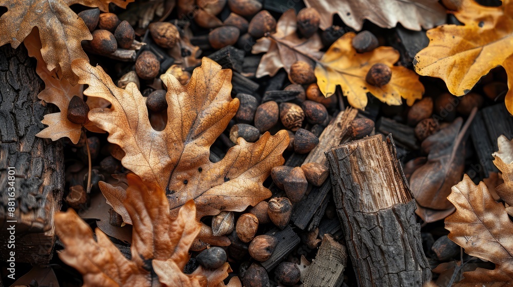 Oak leaves and firewood in daylight with scattered pellets Oak leaves and firewood in daylight with scattered pellets