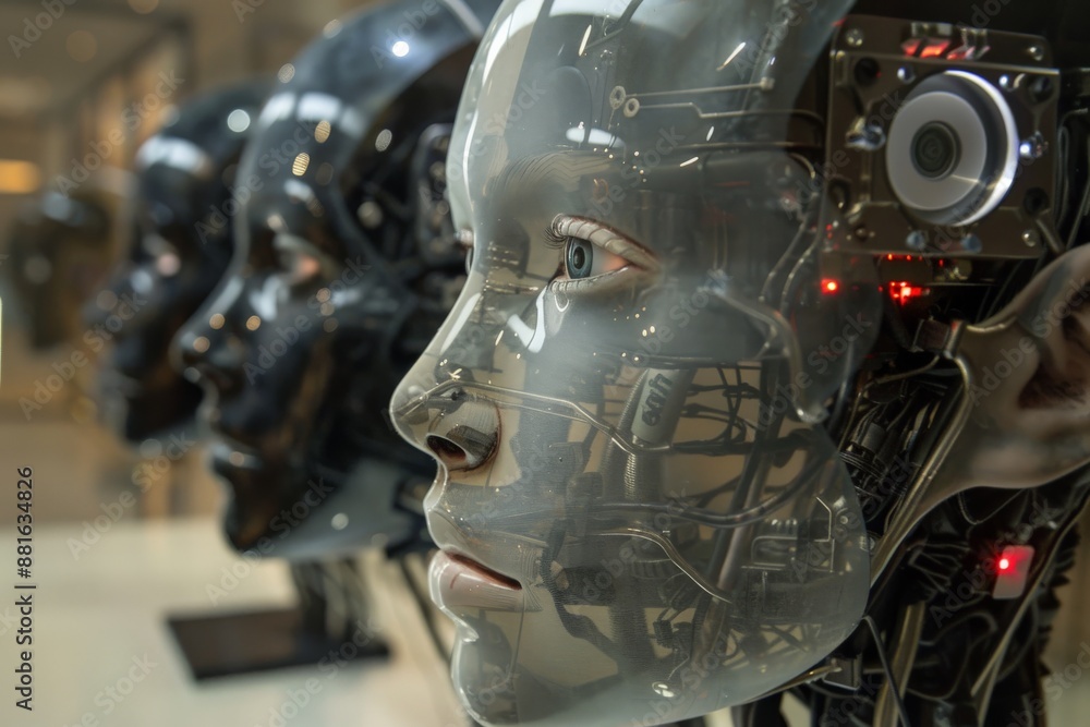 Fototapeta premium Close-up of a futuristic robotic head with transparent skin.