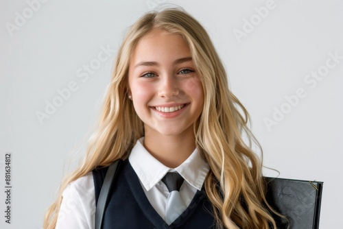 a blonde student woman beams with positivity as she confidently holds a folder, ready to conquer the day with her bright smile.