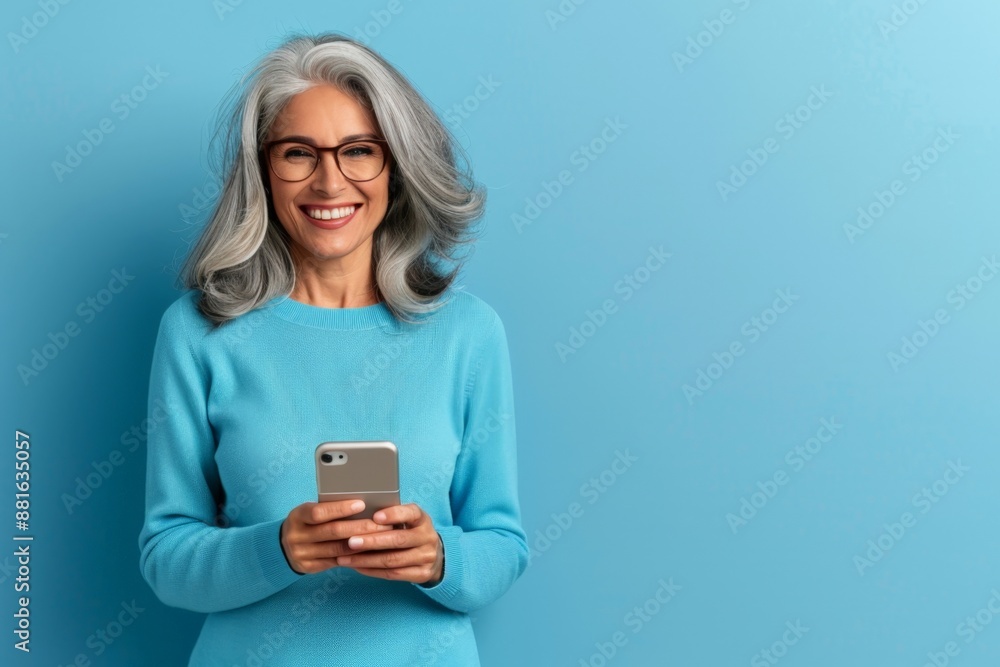 Joyful Senior Woman with Glasses Using Smartphone on Blue Background. Horizontal banner with copy space Joyful Senior Woman with Glasses Using Smartphone on Blue Background. Horizontal banner with copy space