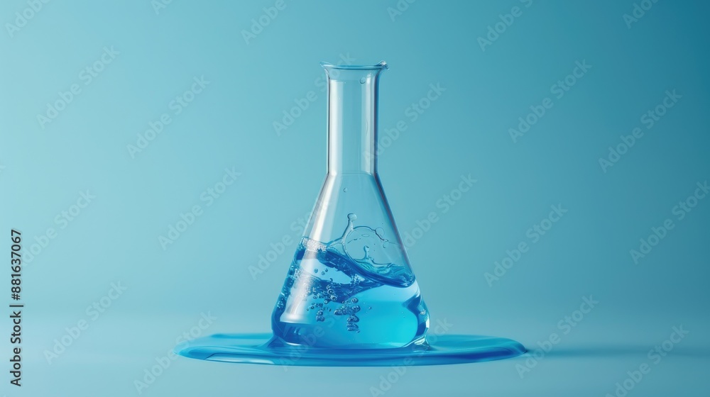 Beaker containing blue liquid against blue backdrop Beaker containing blue liquid against blue backdrop