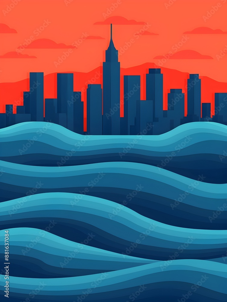 Iconic City Skyline Reflected in Undulating Waves of Plastic-Filled Ocean Iconic City Skyline Reflected in Undulating Waves of Plastic-Filled Ocean