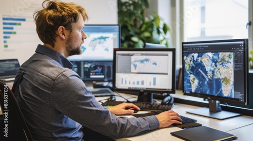 Airport meteorologists monitor radar displays in office. Weather forecast in office. photo