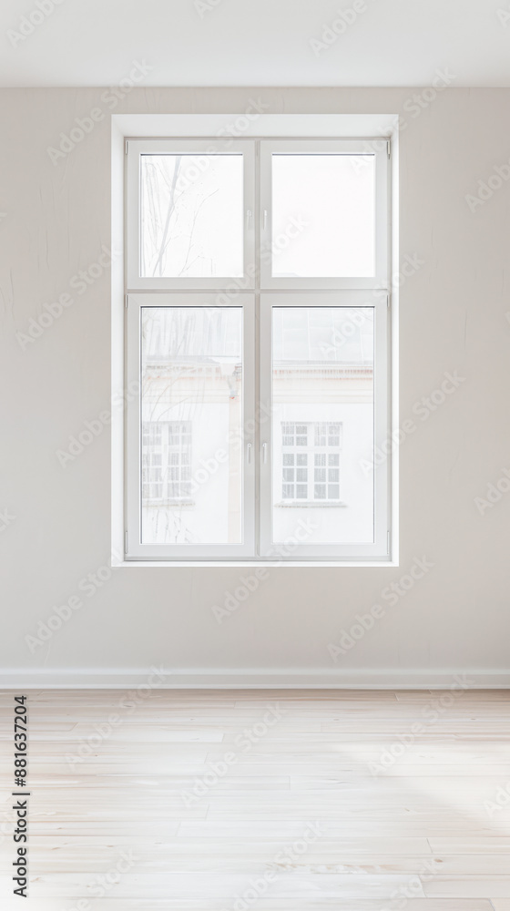 Fototapeta premium Large window filling a room with natural lighting in a minimalist interiors composition. Property interiors design with warm colors, minimal furniture and copy space.