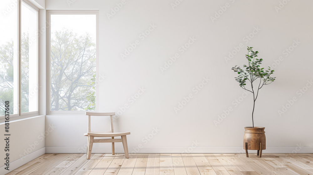 Large window filling a room with natural lighting in a minimalist interiors composition. Property interiors design with warm colors, minimal furniture and copy space. Large window filling a room with natural lighting in a minimalist interiors composition. Property interiors design with warm colors, minimal furniture and copy space.