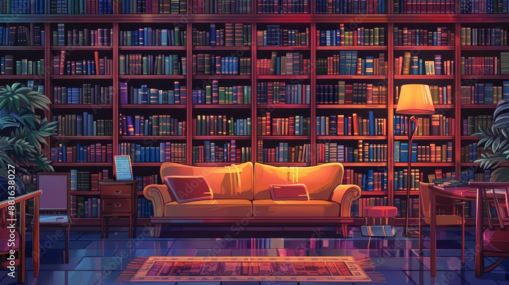 Fototapeta premium In the library, there are bookshelves filled with numerous books. A sofa is provided for reading. The setting resembles a bookstore or a cozy library. Bookish ambiance with bookcases around.