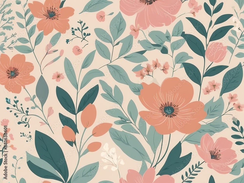 Seamless pattern, beautiful colorful flowers and leaves, soft colors. illustration Seamless pattern, beautiful colorful flowers and leaves, soft colors. illustration