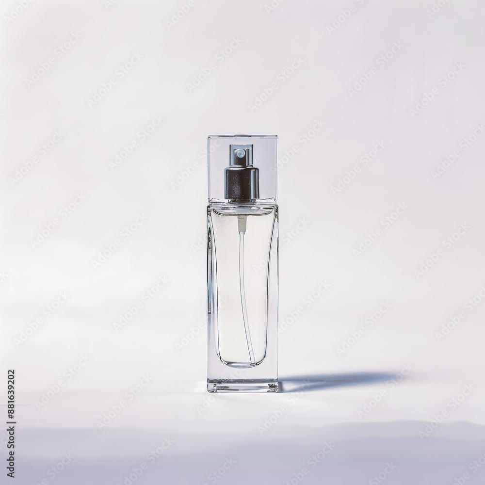 Minimalistic glass perfume bottle with metallic spray cap on a white background. Minimalistic glass perfume bottle with metallic spray cap on a white background.