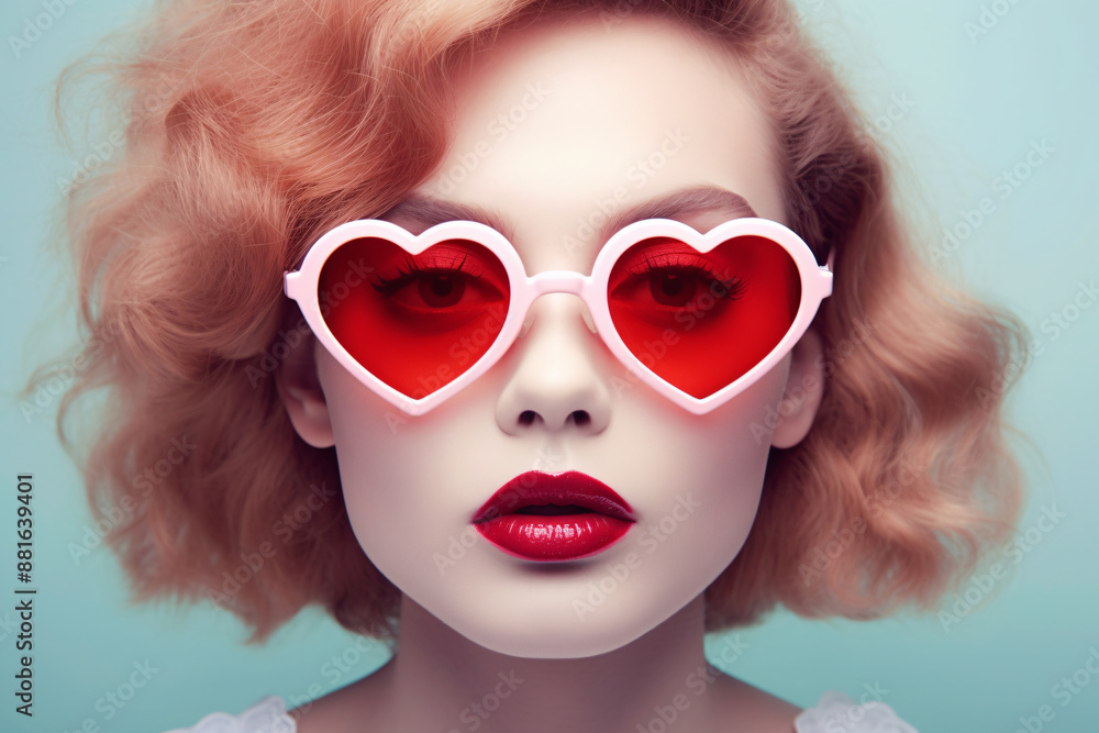 Woman with heart shaped glasses in front of blue studio backgund Woman with heart shaped glasses in front of blue studio backgund