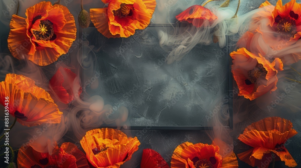 A blank, landscape-oriented frame encased in a cluster of fiery orange and red poppies on a smoky grey background, evoking passion and intensity. A blank, landscape-oriented frame encased in a cluster of fiery orange and red poppies on a smoky grey background, evoking passion and intensity.
