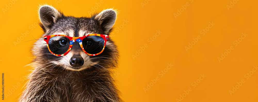 Portrait of a raccoon wearing sunglasses with an American flag design featuring stars and stripes on a light background with space for text.