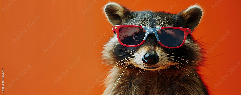 Portrait of a raccoon wearing sunglasses with an American flag design featuring stars and stripes on a light background with space for text. Portrait of a raccoon wearing sunglasses with an American flag design featuring stars and stripes on a light background with space for text.