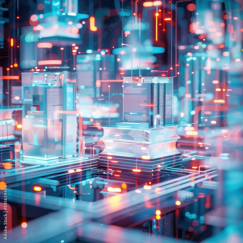 Abstract depiction of a futuristic digital library with books and data represented by glowing lines and circuits, creating a high-tech atmosphere. Abstract depiction of a futuristic digital library with books and data represented by glowing lines and circuits, creating a high-tech atmosphere.