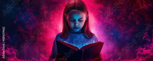 Young girl reading a book surrounded by mystical pink and blue light, creating an otherworldly and magical atmosphere.