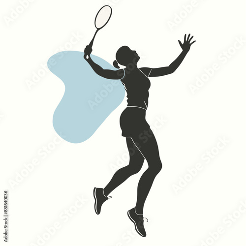 a silhouette of a female badminton athlete in action pose, depicting a slim woman playing badminton sports against an isolated white background (24)