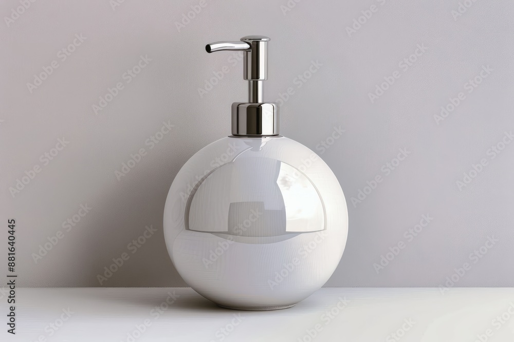 Modern round white soap dispenser with sleek chrome pump on a minimalist background. Modern round white soap dispenser with sleek chrome pump on a minimalist background.
