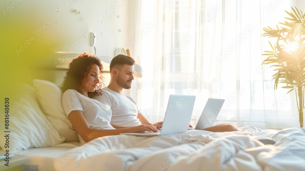 Couple working on laptops while sitting on a bed in a bright, cozy room with soft morning light, blending work and relaxation. Couple working on laptops while sitting on a bed in a bright, cozy room with soft morning light, blending work and relaxation.