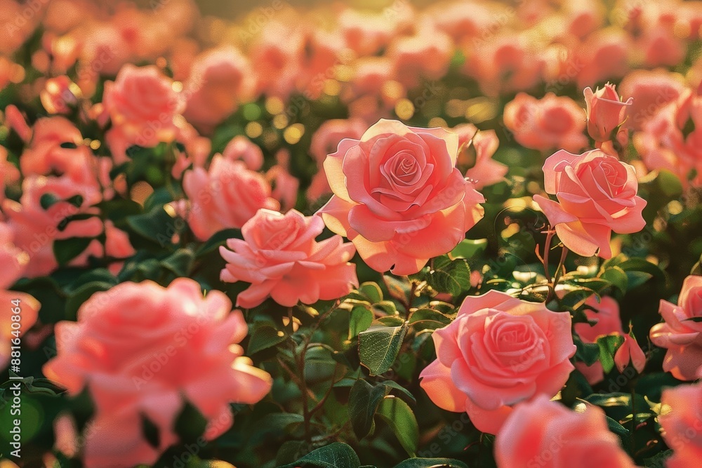 Blooming pink roses in a sunlit garden, capturing the essence of nature's beauty. Blooming pink roses in a sunlit garden, capturing the essence of nature's beauty.
