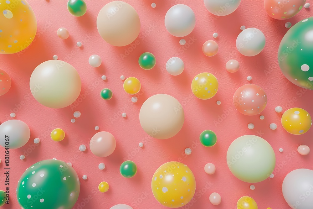 3D render of colorful spheres and balls on a pink background, abstract geometric pattern with green, yellow, and white colors in a flat lay composition with a top view 3D render of colorful spheres and balls on a pink background, abstract geometric pattern with green, yellow, and white colors in a flat lay composition with a top view