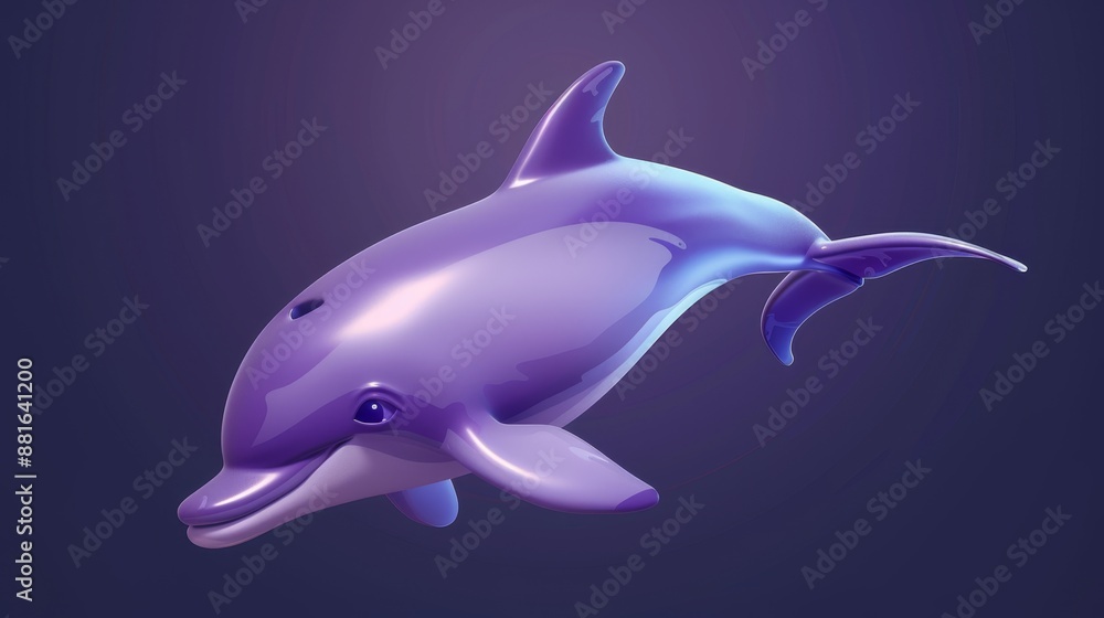 Fototapeta premium Adorable purple dolphin icon featuring a cheerful smile and realistic 3D effects. This playful marine mammal swims with graceful fins and tail, ready to conquer the deep blue sea.