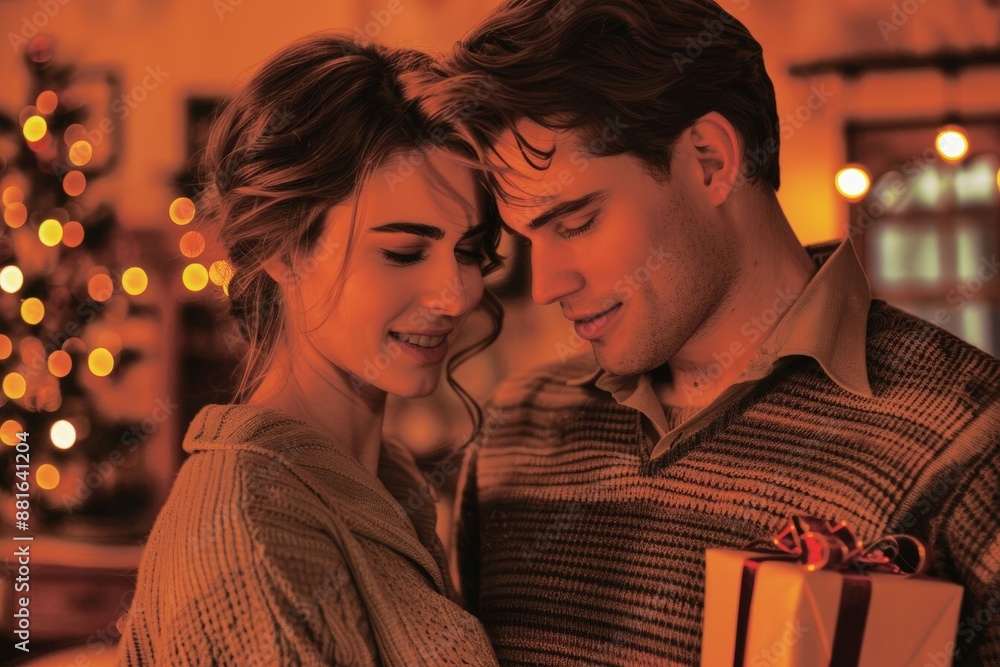 Romantic couple exchanging gifts by the Christmas tree with warm, festive lighting. Romantic couple exchanging gifts by the Christmas tree with warm, festive lighting.