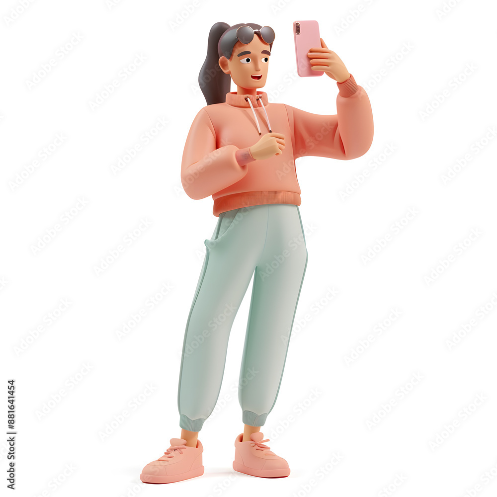 3D pretty cartoon young girl standing, using cell phone or taking a selfie, isolated on white background 3D pretty cartoon young girl standing, using cell phone or taking a selfie, isolated on white background