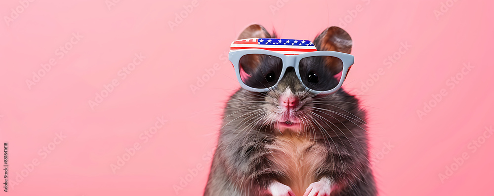 Fototapeta premium Portrait of a hamster wearing sunglasses with an American flag design featuring stars and stripes on a light background with space for text.