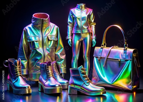 Vibrant futuristic fashion accessories including neon-lit jackets, metallic boots, and holographic handbags scatter across a sleek black backdrop, evoking a sense of sci-fi luxury. photo