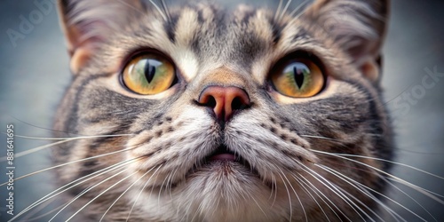 Adorable whiskered gray cat muzzle viewed from below, showcasing soft pink nose, delicate mouth, and defined facial features in a gentle, curious expression. photo