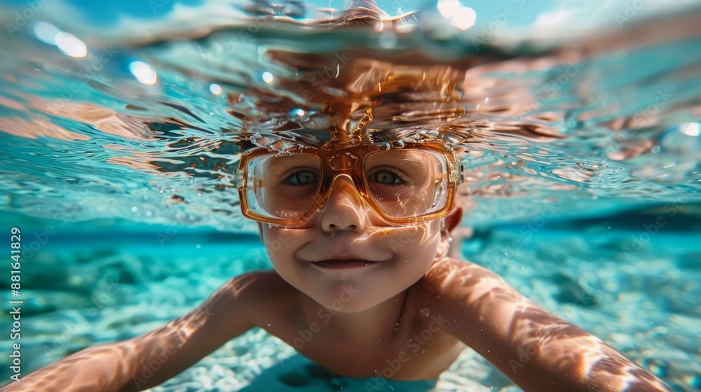 Naklejka premium A playful child in sunglasses swimming in the sea. Joyful summer vibes